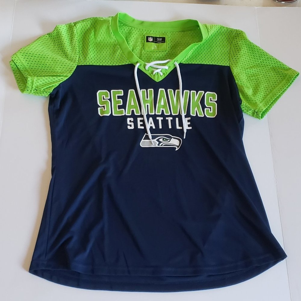 NFL Women's Lace Up Top - Seattle Seahawks Jersey Mesh Short Sleeve Shirt Sz Lg